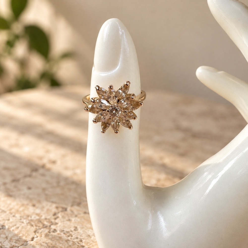 Vintage Gold Tone Crystal Flower Ring Size 7.5 | Marquise Cluster Cocktail Ring